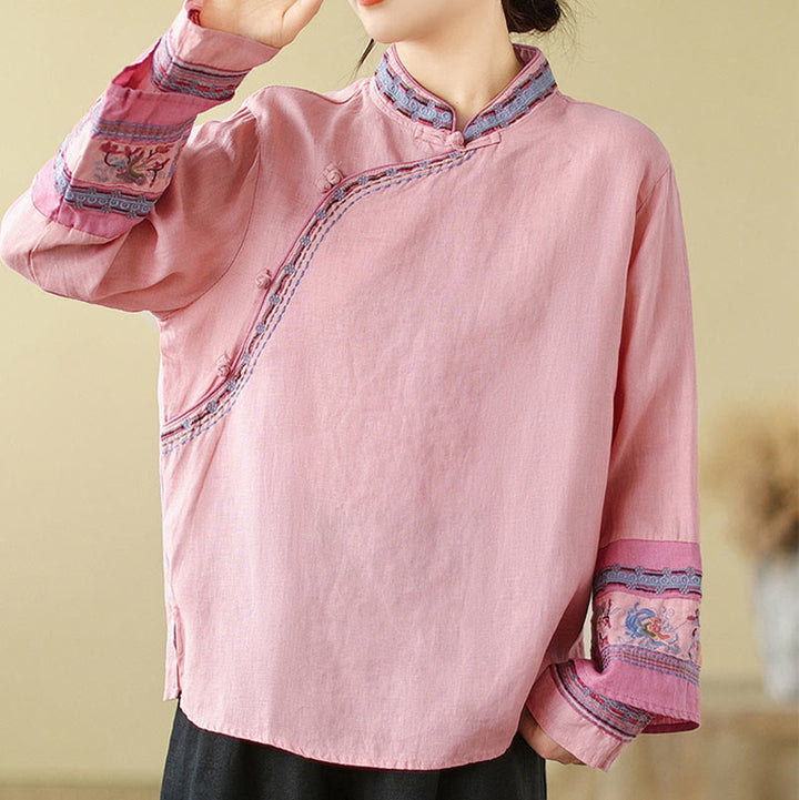 Damenhemd aus Baumwolle und Leinen mit Buddha Stones und schrägen Knöpfen - Rosa - US8-10， UK/AU12-14，EU40-42 (2XL) - image 13