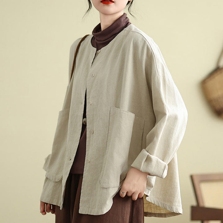 Buddha Stones – Langärmlige Damen-Baumwoll-Leinen-Jacke mit Taschen im schlichten Design - Beige - US14, UK/AU18, EU46 (2XL) - image 0