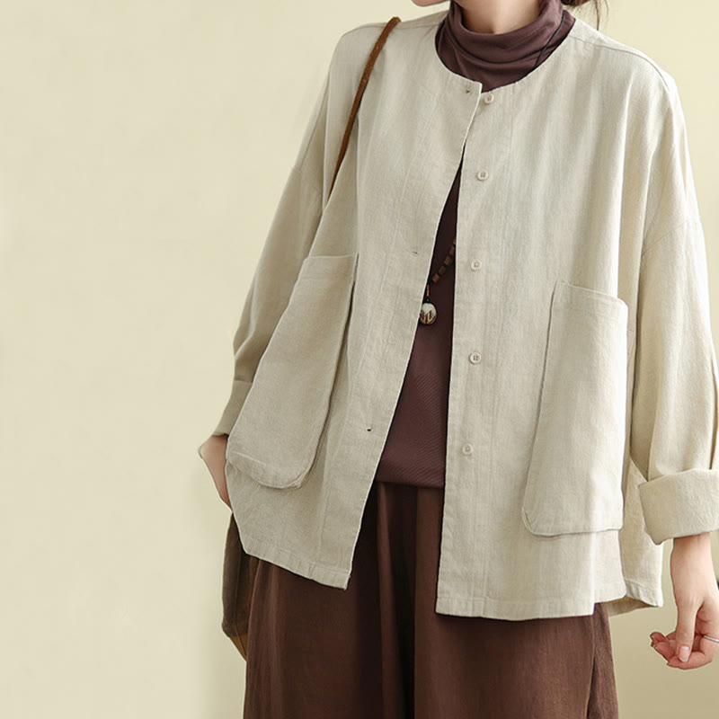 Buddha Stones – Langärmlige Damen-Baumwoll-Leinen-Jacke mit Taschen im schlichten Design - image 4