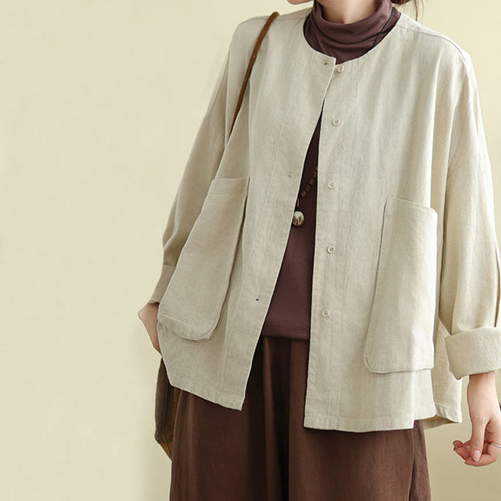 Buddha Stones – Langärmlige Damen-Baumwoll-Leinen-Jacke mit Taschen im schlichten Design - image 4
