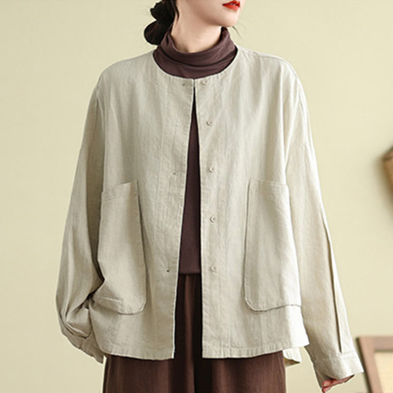 Buddha Stones – Langärmlige Damen-Baumwoll-Leinen-Jacke mit Taschen im schlichten Design - image 3