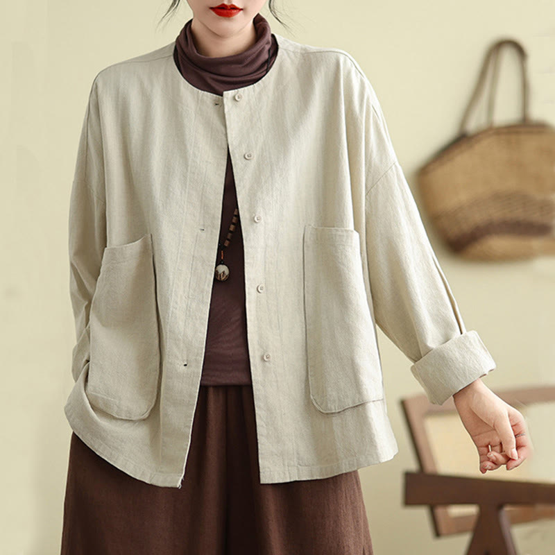 Buddha Stones – Langärmlige Damen-Baumwoll-Leinen-Jacke mit Taschen im schlichten Design - image 2