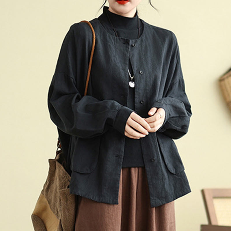 Buddha Stones – Langärmlige Damen-Baumwoll-Leinen-Jacke mit Taschen im schlichten Design - image 14