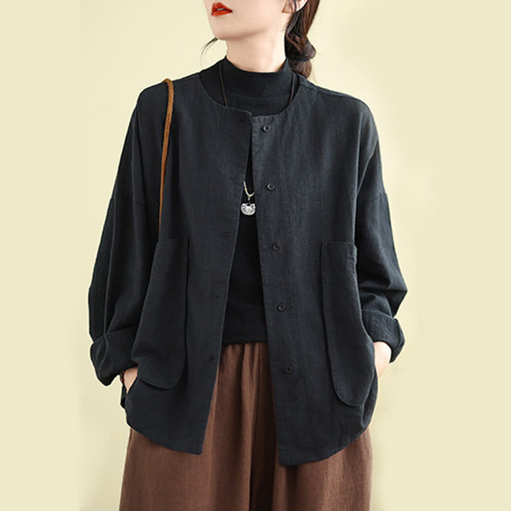 Buddha Stones – Langärmlige Damen-Baumwoll-Leinen-Jacke mit Taschen im schlichten Design - Schwarz - US14， UK/AU18，EU46 (2XL) - image 11