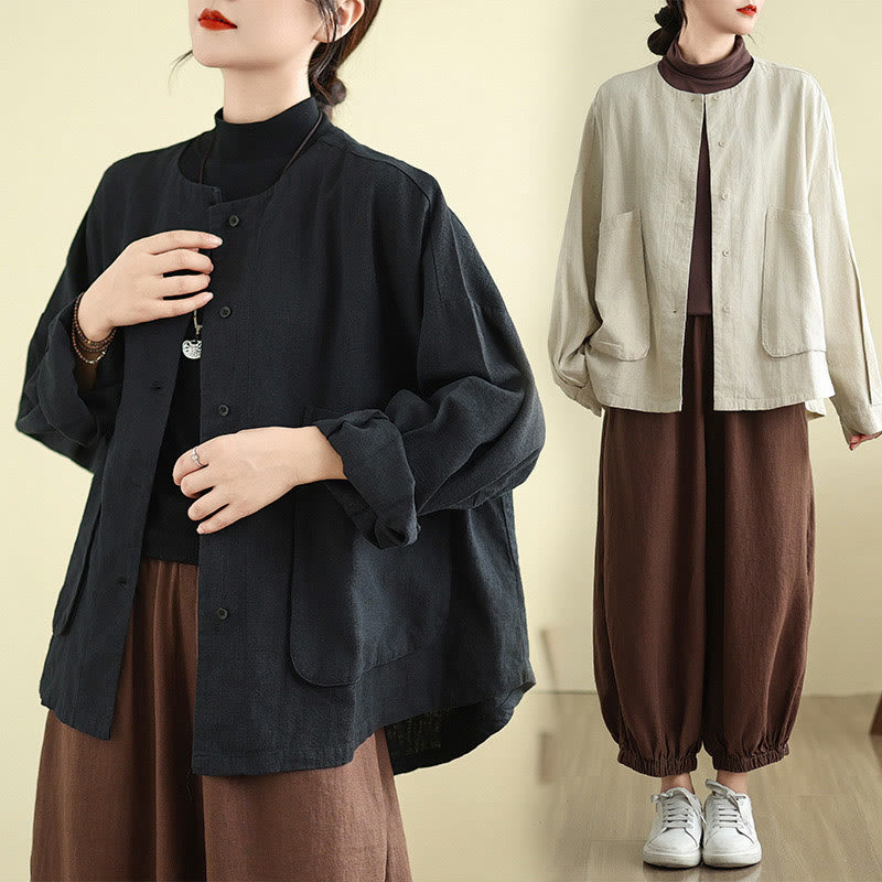 Buddha Stones – Langärmlige Damen-Baumwoll-Leinen-Jacke mit Taschen im schlichten Design - image 17