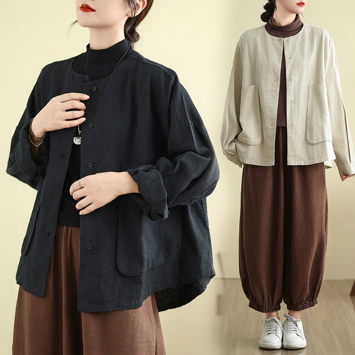 Buddha Stones – Langärmlige Damen-Baumwoll-Leinen-Jacke mit Taschen im schlichten Design - image 17
