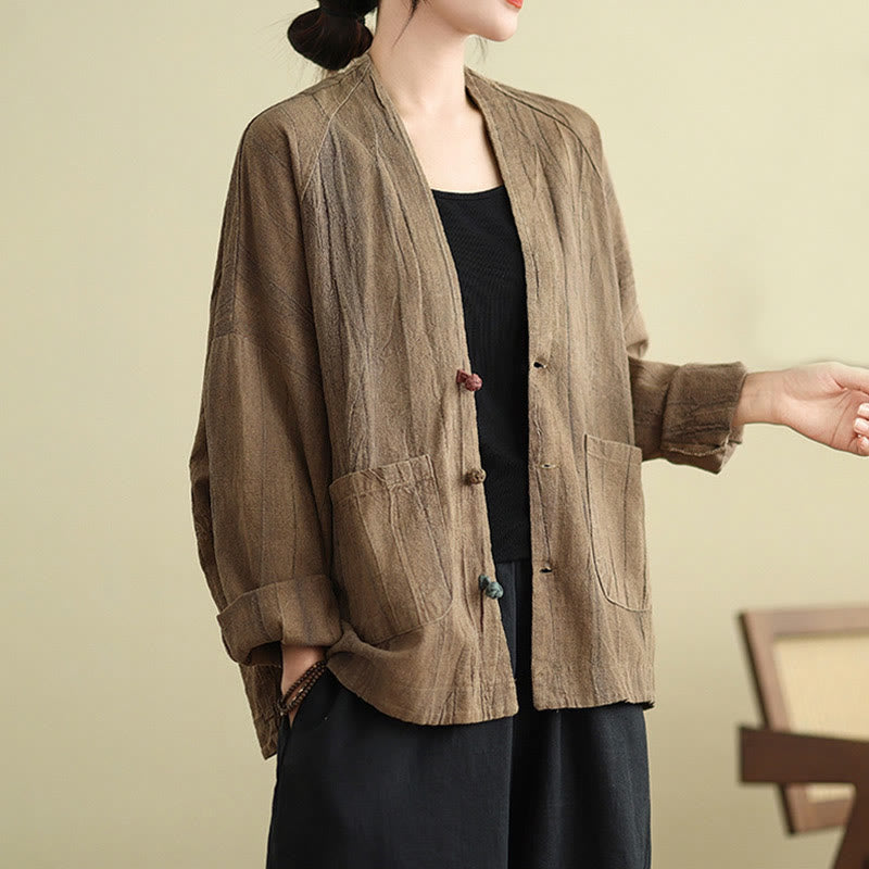 Buddha Stones – Schlichte, langärmlige Damen-Baumwoll-Leinen-Jacke mit Taschen - Bräunen - US14， UK/AU18，EU46 (2XL) - image 1