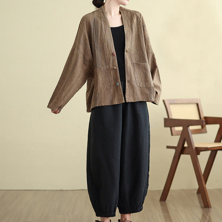 Buddha Stones – Schlichte, langärmlige Damen-Baumwoll-Leinen-Jacke mit Taschen - image 6