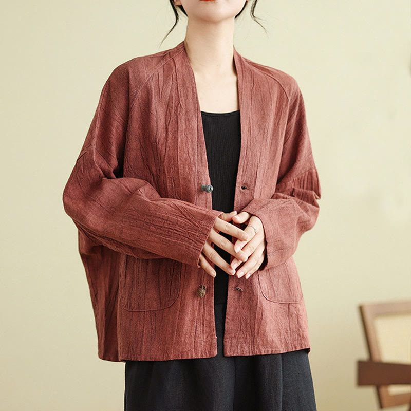 Buddha Stones – Schlichte, langärmlige Damen-Baumwoll-Leinen-Jacke mit Taschen - IndianRed - US14， UK/AU18，EU46 (2XL) - image 8