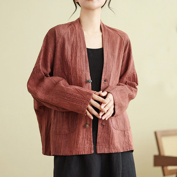Buddha Stones – Schlichte, langärmlige Damen-Baumwoll-Leinen-Jacke mit Taschen - IndianRed - US14， UK/AU18，EU46 (2XL) - image 8