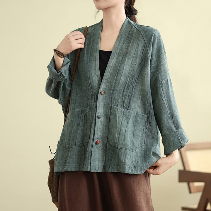 Buddha Stones – Schlichte, langärmlige Damen-Baumwoll-Leinen-Jacke mit Taschen - CadetBlue - US14， UK/AU18，EU46 (2XL) - image 18