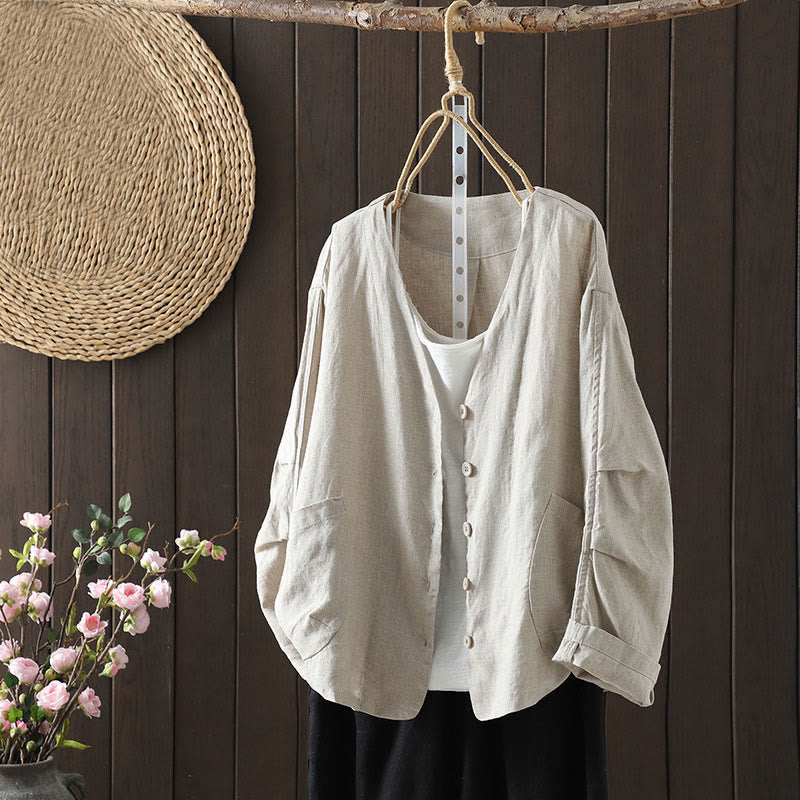 Buddha Stones Pure Color Damen-Baumwolljacke mit V-Ausschnitt und Taschen - Beige - US14, UK/AU18, EU46 (2XL) - image 0