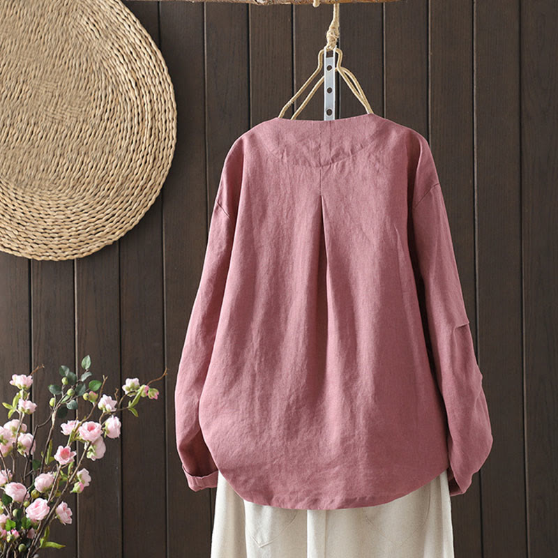 Buddha Stones Pure Color Damen-Baumwolljacke mit V-Ausschnitt und Taschen - image 8