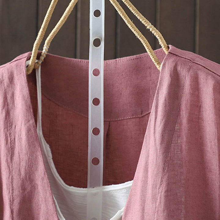 Buddha Stones Pure Color Damen-Baumwolljacke mit V-Ausschnitt und Taschen - image 15