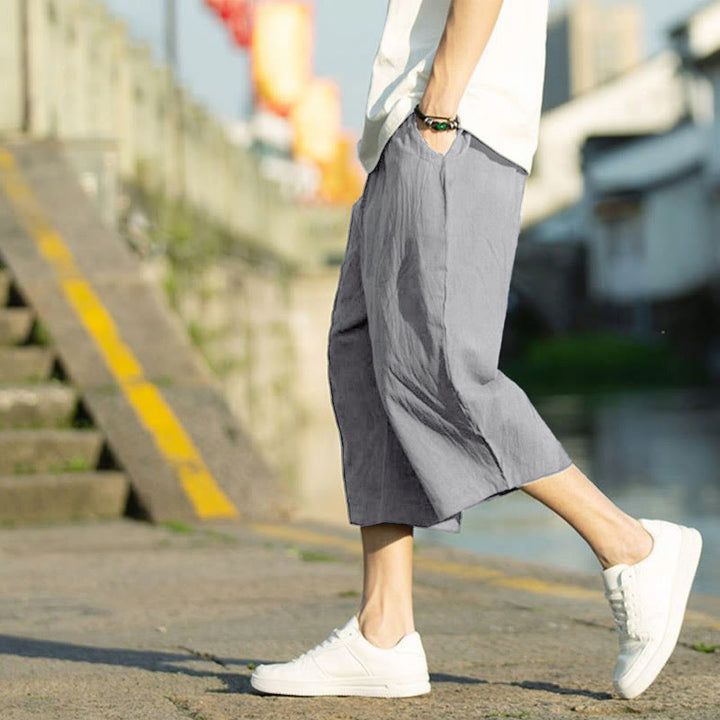 Buddha Stones Sommerhose aus Baumwollleinen mit Taschen, einfarbig, Faltendesign, Kordelzug, Herrengröße 7–8 - image 1