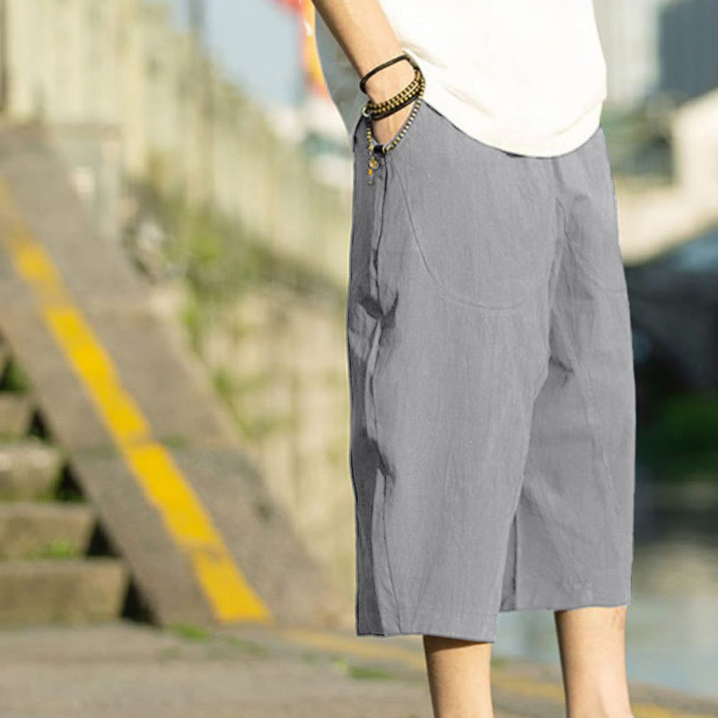 Buddha Stones Sommerhose aus Baumwollleinen mit Taschen, einfarbig, Faltendesign, Kordelzug, Herrengröße 7–8 - image 2