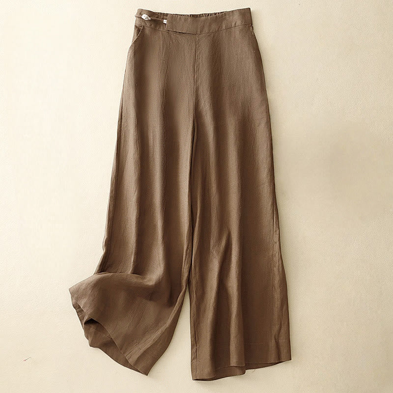 Buddha Stones Damenhose aus Baumwollleinen mit weitem Bein und Froschknöpfen in Unifarbe und Taschen - Sattelbraun - US12， UK/AU16，EU44 (2XL) - image 1