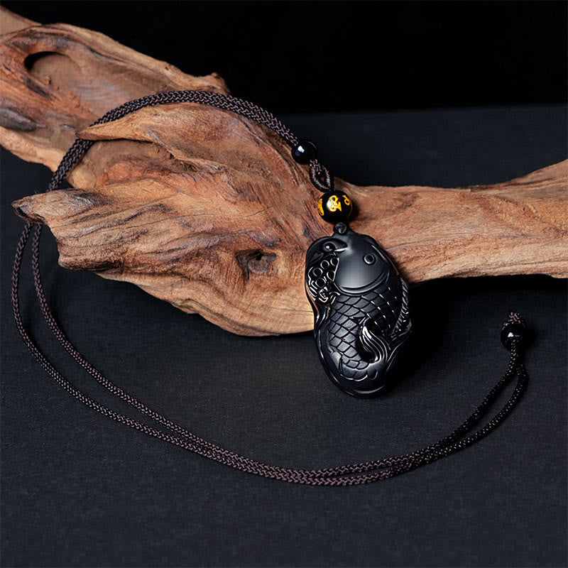 Buddha Stones Natürlicher schwarzer Obsidian Amphioxus Stärke Halskette Anhänger - image 4