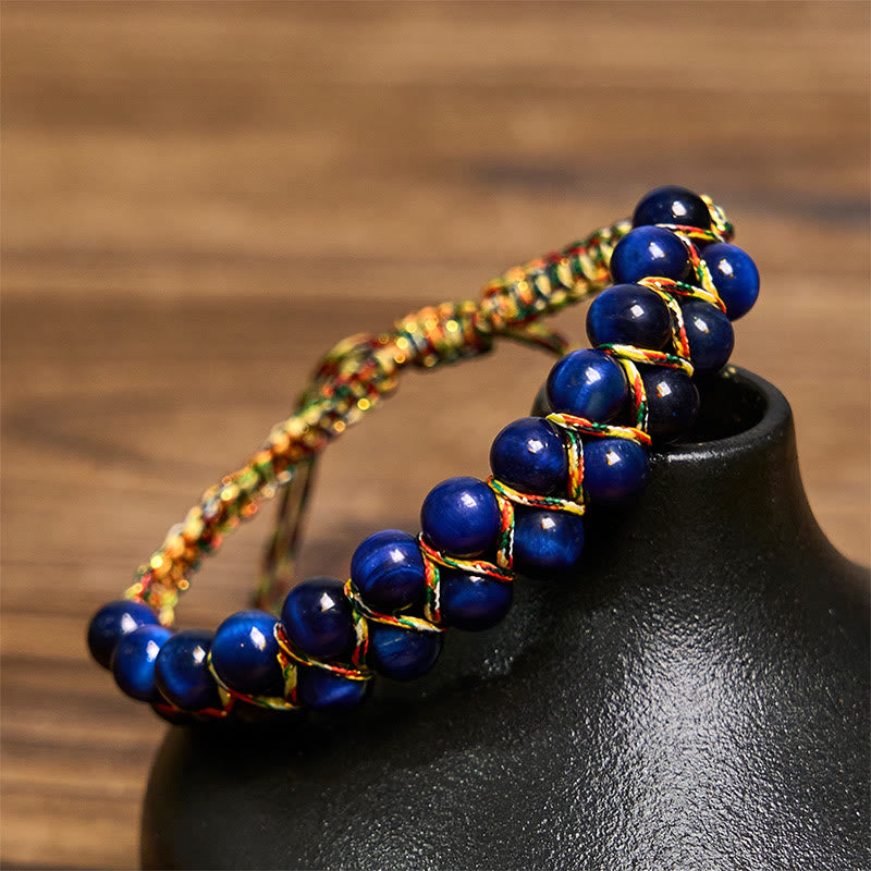 Buddha Stones Natürliches blaues Tigerauge, handgewebtes farbiges Seil, zweireihige Perlen, Balance-Armband - Blaues Tigerauge (Handgelenkumfang: 14–24 cm) - image 1