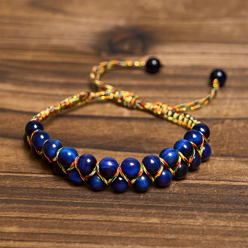Buddha Stones Natürliches blaues Tigerauge, handgewebtes farbiges Seil, zweireihige Perlen, Balance-Armband - image 2