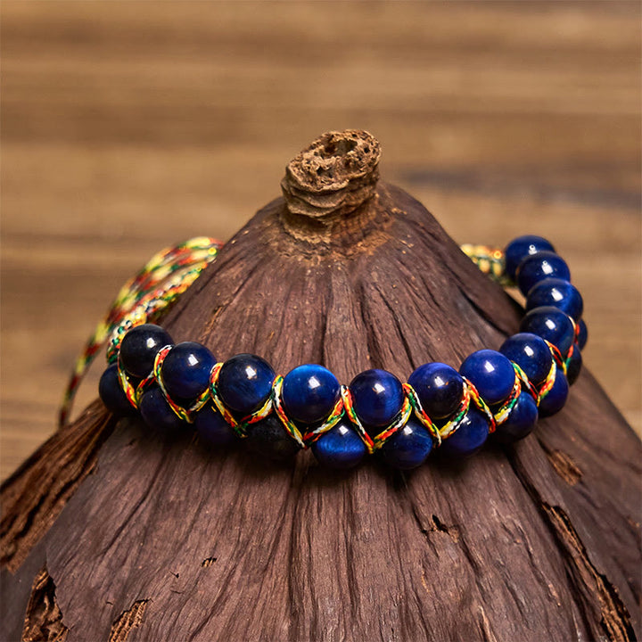 Buddha Stones Natürliches blaues Tigerauge, handgewebtes farbiges Seil, zweireihige Perlen, Balance-Armband - image 3