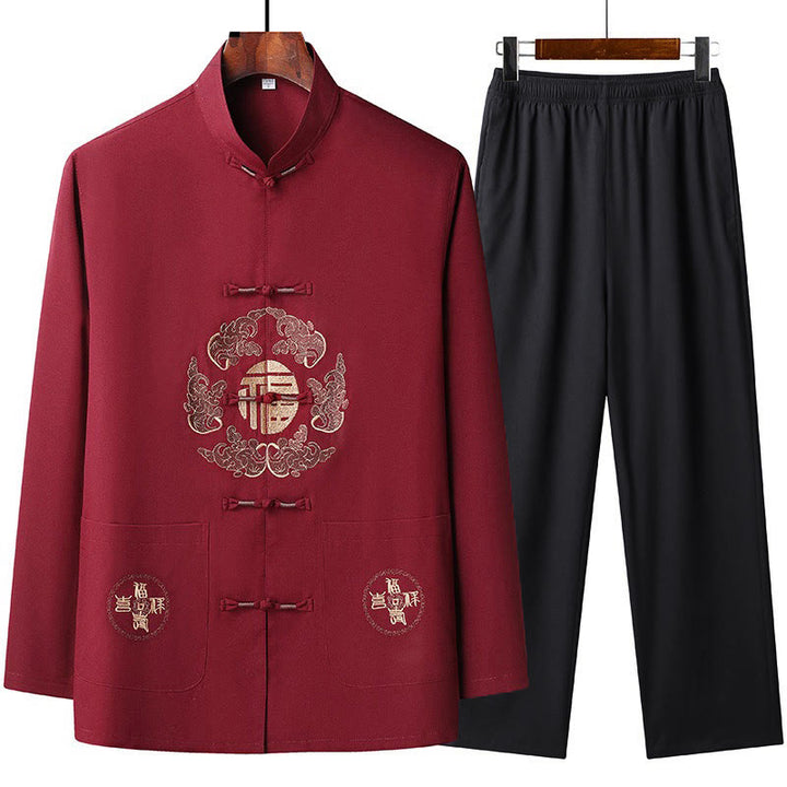 Buddha Stones, chinesisches Neujahr, bestickter Fu-Tang-Anzug, Hanfu, langärmeliges Oberteil und Hose, Kleidung für Herren - Rot - US/ UK/AU44，EU54 (4XL) - image 0