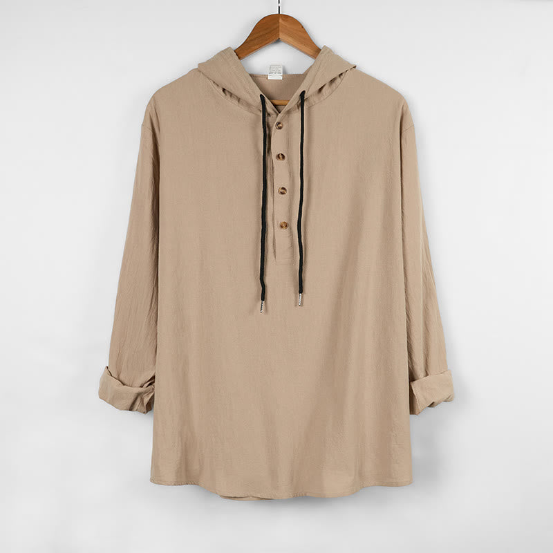 Buddha Stones Einfarbiges Herbst-Halbknöpfe-Herren-Baumwollhemd mit Kapuze und langen Ärmeln - Beige - US/UK/AU46, EU56 (3XL) - image 11