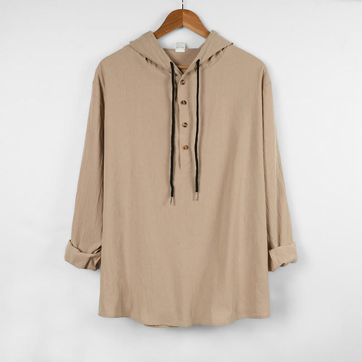Buddha Stones Einfarbiges Herbst-Halbknöpfe-Herren-Baumwollhemd mit Kapuze und langen Ärmeln - Beige - US/UK/AU46, EU56 (3XL) - image 11