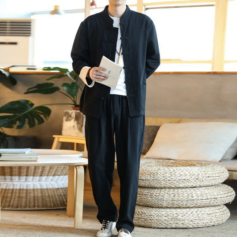 Buddha Stones 2-teiliger Zen-Tang-Anzug für Herren mit Froschknöpfen, langärmeligem Hemd und Hose, mit Taschen - image 19