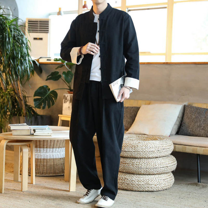 Buddha Stones 2-teiliger Zen-Tang-Anzug für Herren mit Froschknöpfen, langärmeligem Hemd und Hose, mit Taschen - Schwarz - US/ UK/AU44, EU54 (5XL) - image 15