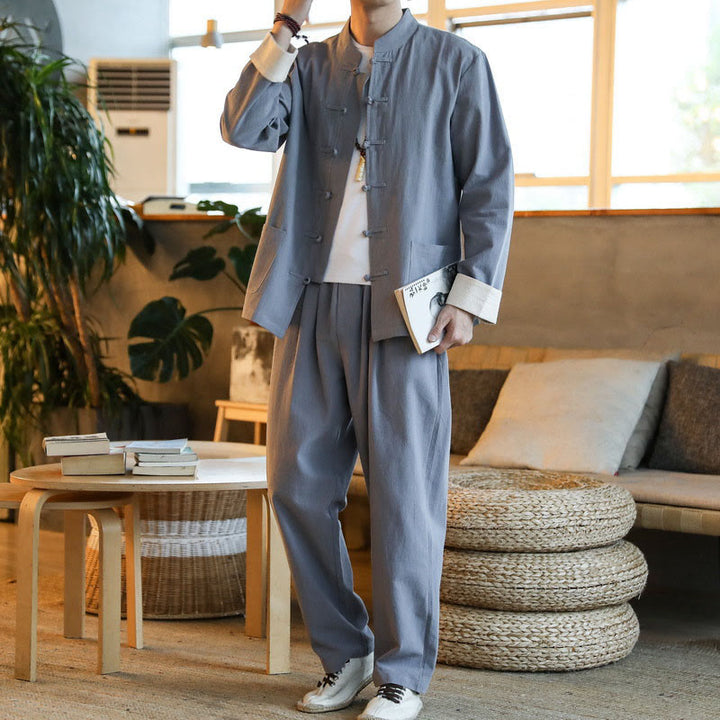 Buddha Stones 2-teiliger Zen-Tang-Anzug für Herren mit Froschknöpfen, langärmeligem Hemd und Hose, mit Taschen - image 1