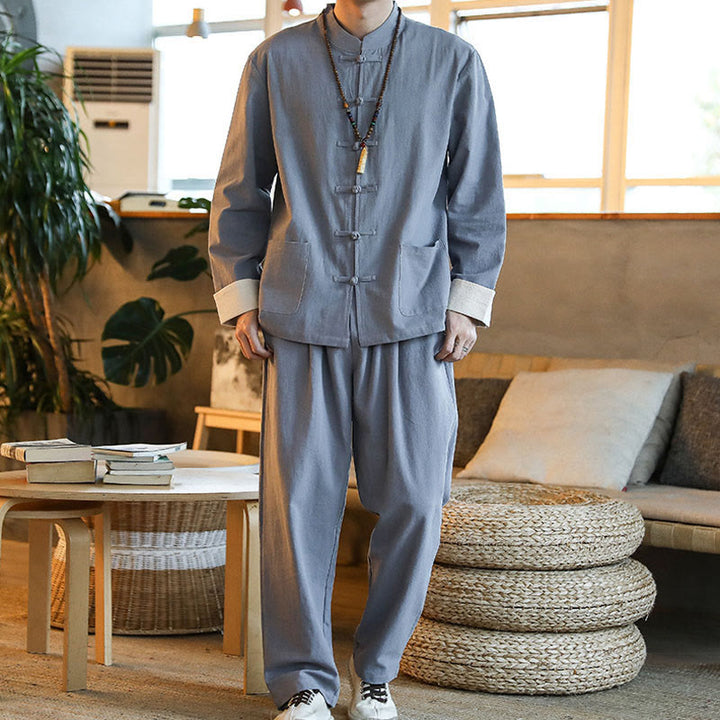 Buddha Stones 2-teiliger Zen-Tang-Anzug für Herren mit Froschknöpfen, langärmeligem Hemd und Hose, mit Taschen - image 3