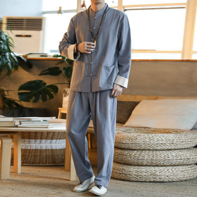 Buddha Stones 2-teiliger Zen-Tang-Anzug für Herren mit Froschknöpfen, langärmeligem Hemd und Hose, mit Taschen - image 5