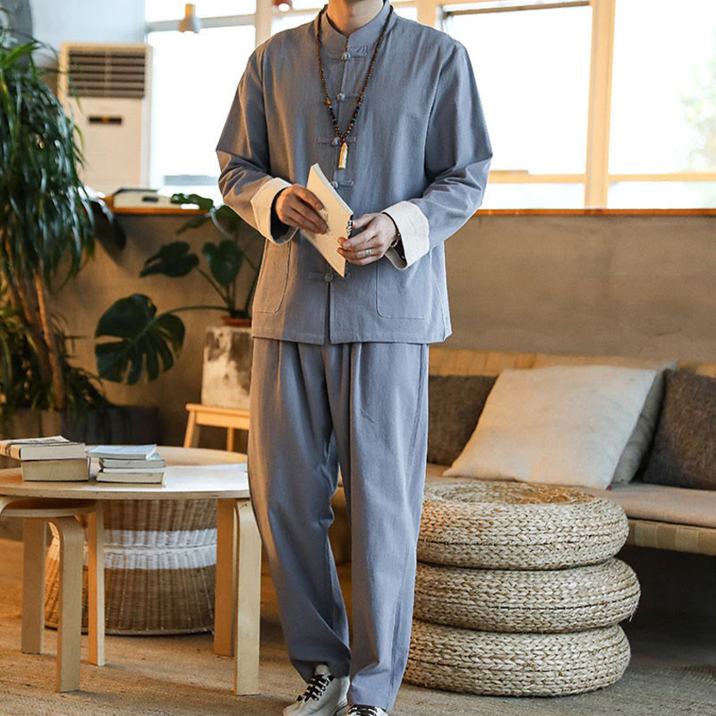 Buddha Stones 2-teiliger Zen-Tang-Anzug für Herren mit Froschknöpfen, langärmeligem Hemd und Hose, mit Taschen - image 6