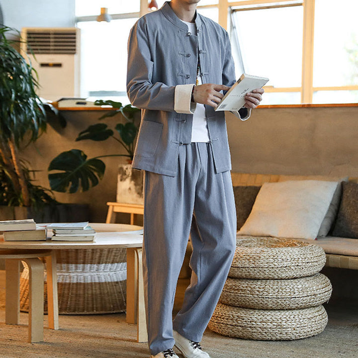 Buddha Stones 2-teiliger Zen-Tang-Anzug für Herren mit Froschknöpfen, langärmeligem Hemd und Hose, mit Taschen - image 8