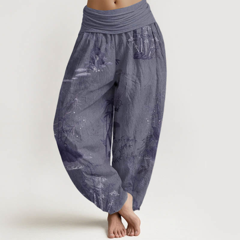 Buddha Stones Reine Baumwolle Lässige Bambus Rock Tinte Malerei Damen Elastische Taille Haremshose - Schiefergrau - US22， UK/AU26，EU54 (6XL) - image 1