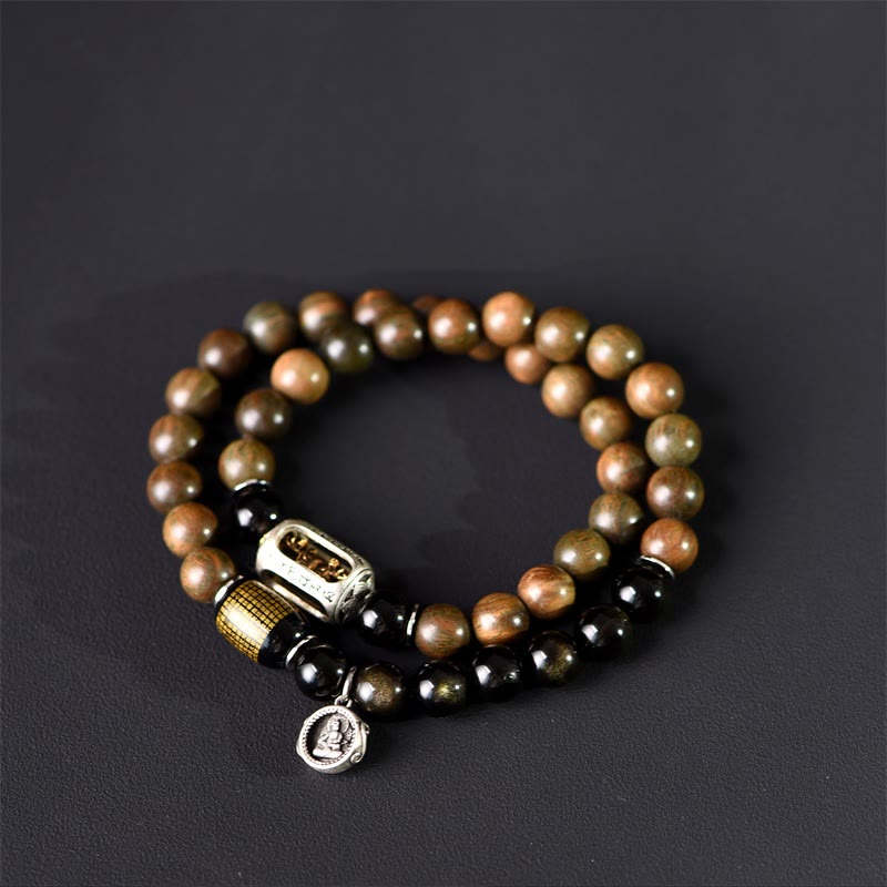 Buddha Stones Tibetisches grünes Sandelholz Goldglanz Obsidian Balance Peace Doppelwickelarmband - image 15