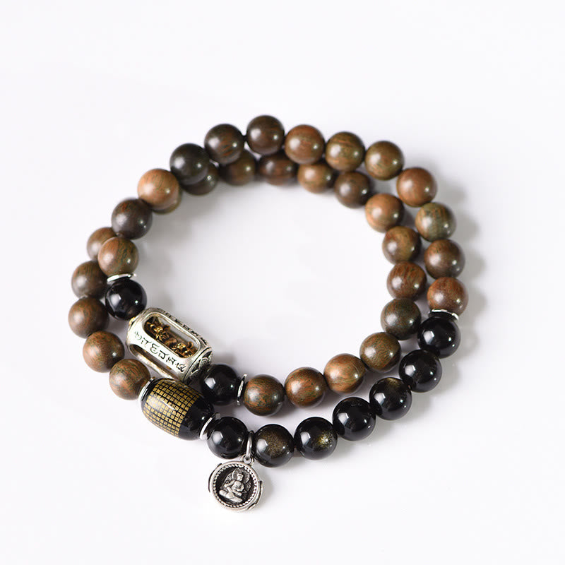 Buddha Stones Tibetisches grünes Sandelholz Goldglanz Obsidian Balance Peace Doppelwickelarmband - image 16