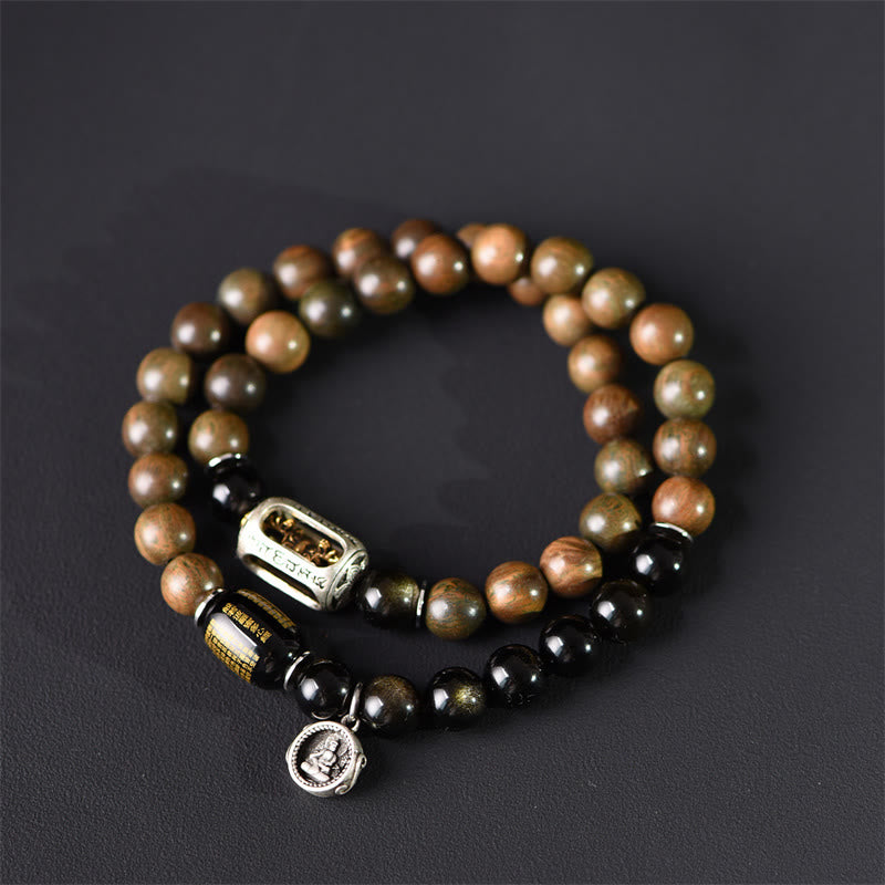 Buddha Stones Tibetisches grünes Sandelholz Goldglanz Obsidian Balance Peace Doppelwickelarmband - 18-19 cm - image 1