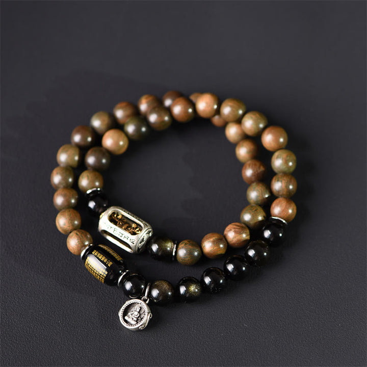 Buddha Stones Tibetisches grünes Sandelholz Goldglanz Obsidian Balance Peace Doppelwickelarmband - 18-19 cm - image 1