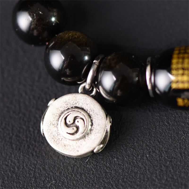 Buddha Stones Tibetisches grünes Sandelholz Goldglanz Obsidian Balance Peace Doppelwickelarmband - image 13