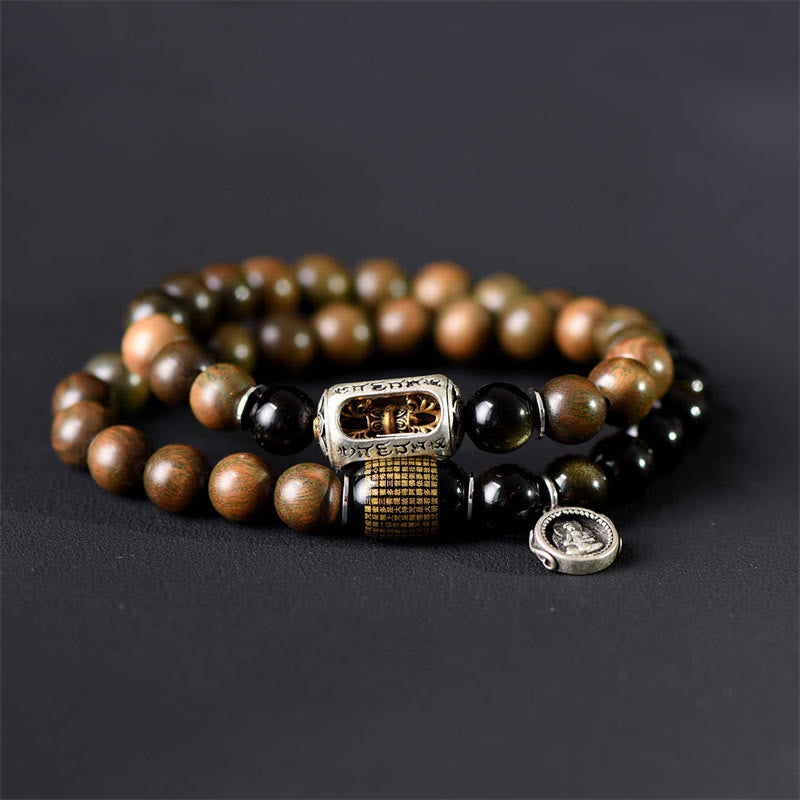 Buddha Stones Tibetisches grünes Sandelholz Goldglanz Obsidian Balance Peace Doppelwickelarmband - image 3