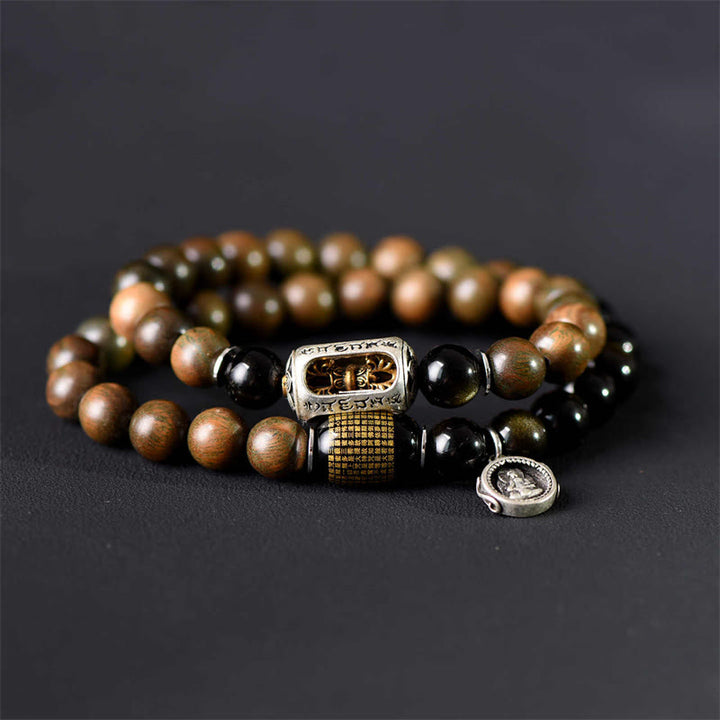 Buddha Stones Tibetisches grünes Sandelholz Goldglanz Obsidian Balance Peace Doppelwickelarmband - image 3