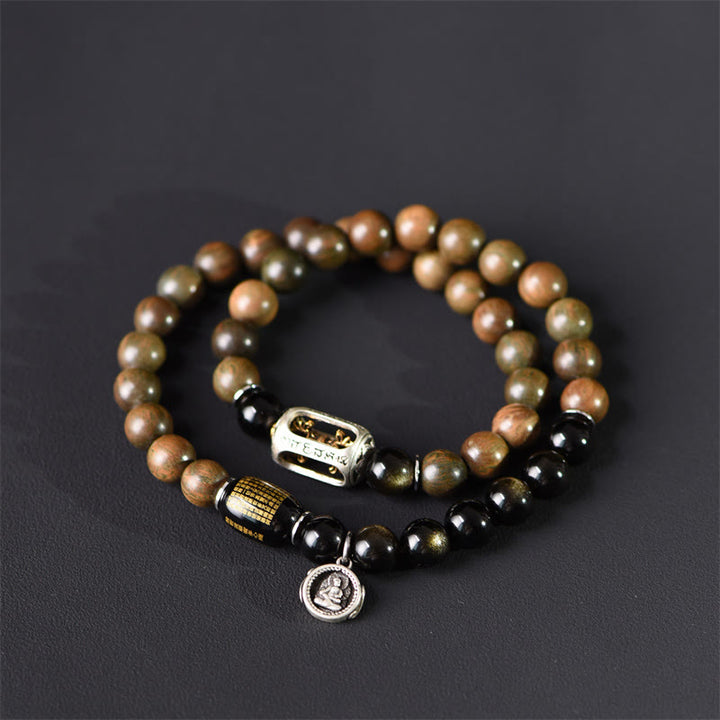Buddha Stones Tibetisches grünes Sandelholz Goldglanz Obsidian Balance Peace Doppelwickelarmband - image 4