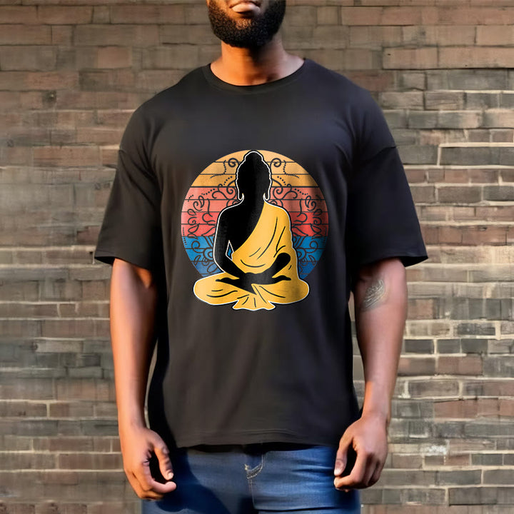 Buddha Stones Lässiges, buntes, meditierendes Buddha-Muster, Baumwoll-T-Shirt - image 3