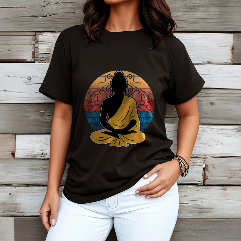 Buddha Stones Lässiges, buntes, meditierendes Buddha-Muster, Baumwoll-T-Shirt - image 4