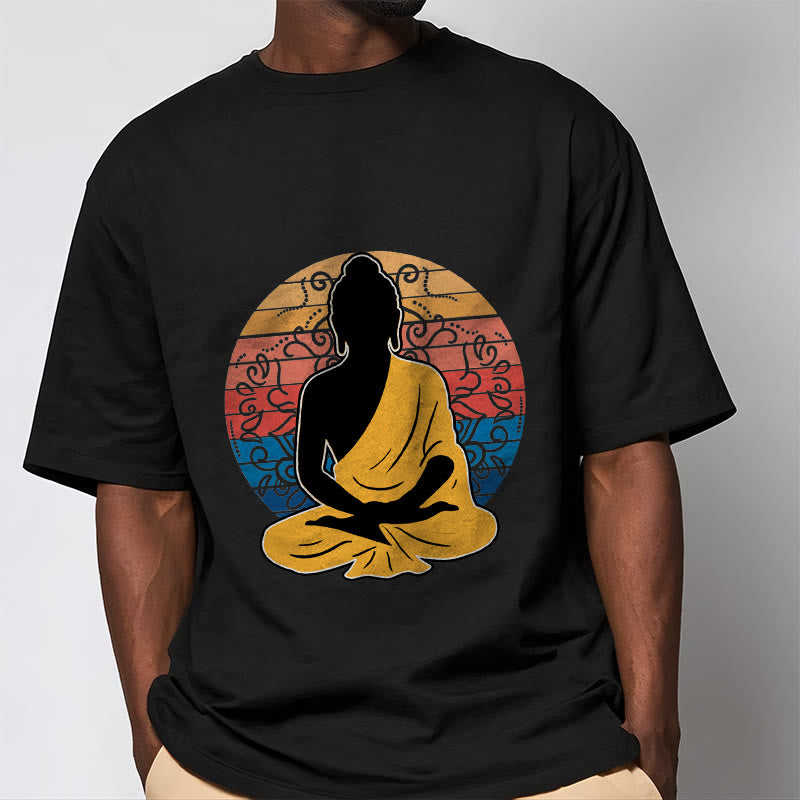 Buddha Stones Lässiges, buntes, meditierendes Buddha-Muster, Baumwoll-T-Shirt - image 2