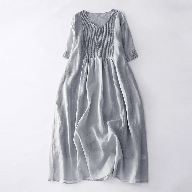 Buddha Stones – Lässiges, schlichtes Midikleid aus Baumwolle mit Akkordeonfalten, V-Ausschnitt, kurzen Ärmeln und Taschen - Silber - US14， UK/AU18，EU46 (2XL) - image 22