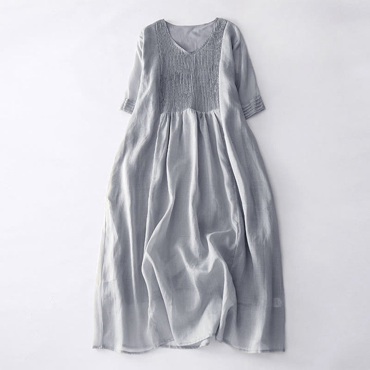 Buddha Stones – Lässiges, schlichtes Midikleid aus Baumwolle mit Akkordeonfalten, V-Ausschnitt, kurzen Ärmeln und Taschen - Silber - US14， UK/AU18，EU46 (2XL) - image 22