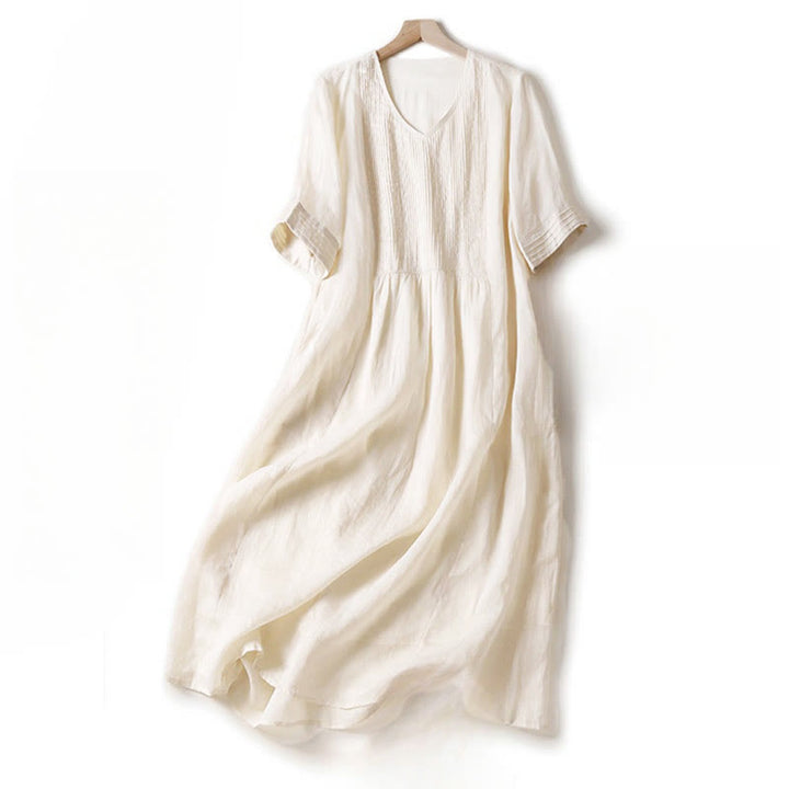 Buddha Stones – Lässiges, schlichtes Midikleid aus Baumwolle mit Akkordeonfalten, V-Ausschnitt, kurzen Ärmeln und Taschen - Alte Spitze - US14， UK/AU18，EU46 (2XL) - image 30